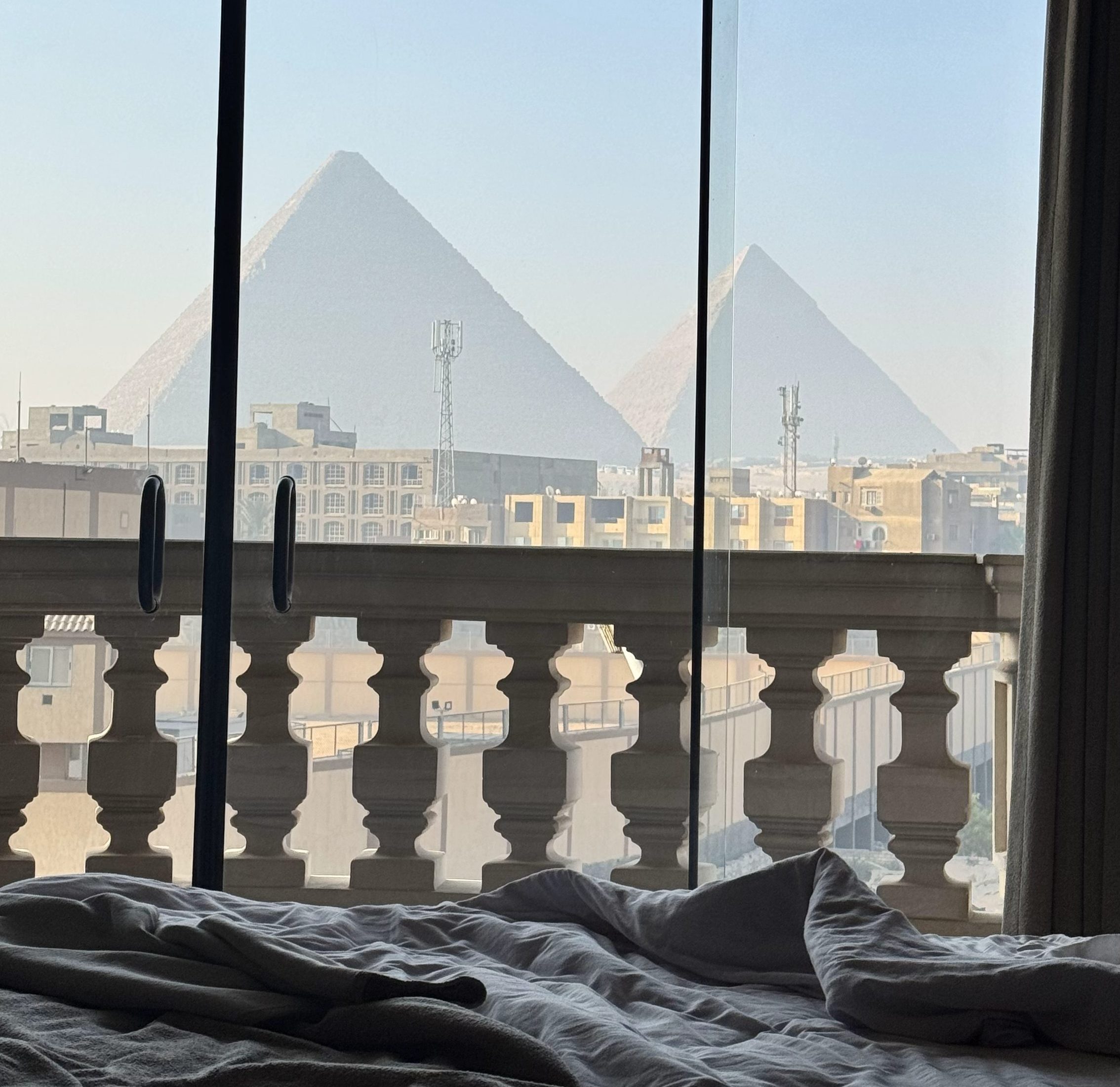 egypt pyramids of giza view from bed, hotel 
